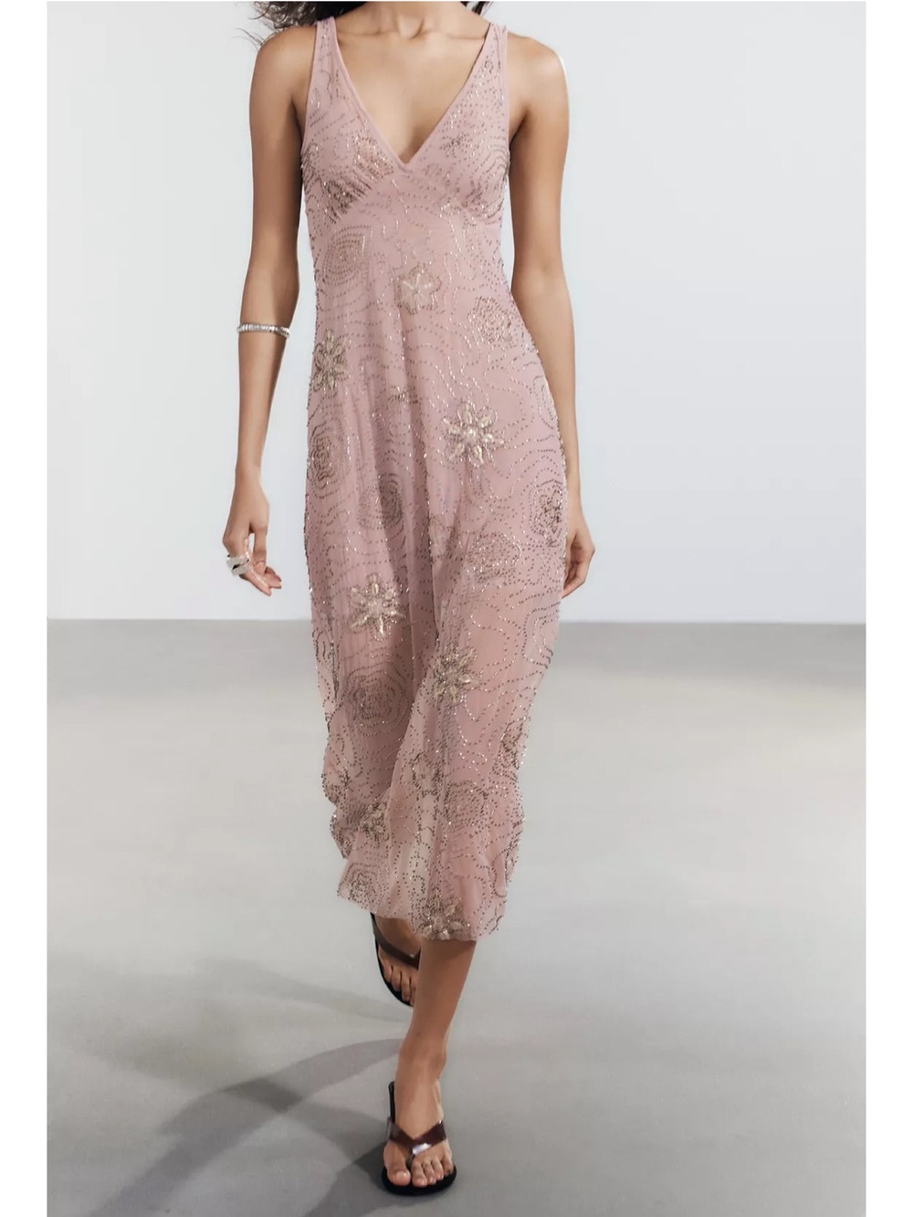 ZARA Beaded Mesh Midi Dress in Mauve Size M EUC - Picture 2 of 5